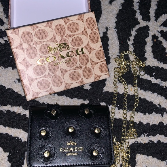 Coach Black Floral appliqué Crossbody Bag with Gold Chain comes in box - Picture 6 of 6